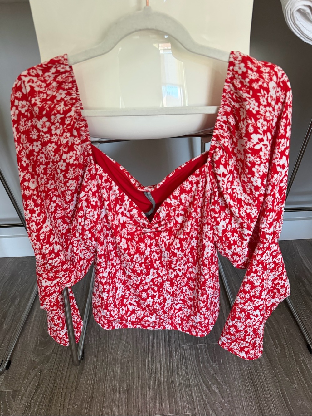 Anthropologie Red Floral Square-Neck Womens Top